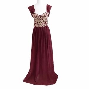 Soiéblu BURGUNDY CREAM BEADED CHIFFON CORSET FORMAL EVENING BALL GOWN DRESS
